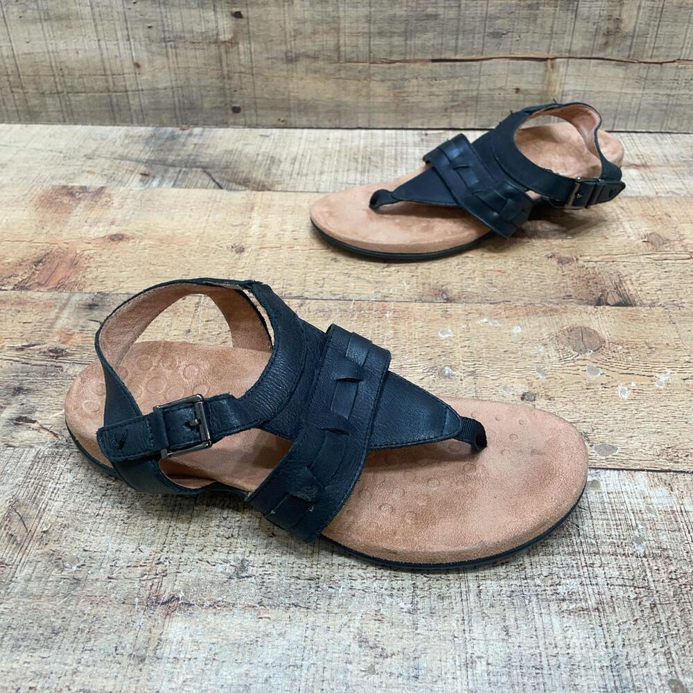 Vionic Lupe Sandals Womens Size 6 37 Black Leather Strappy Thong Comfort Shoes